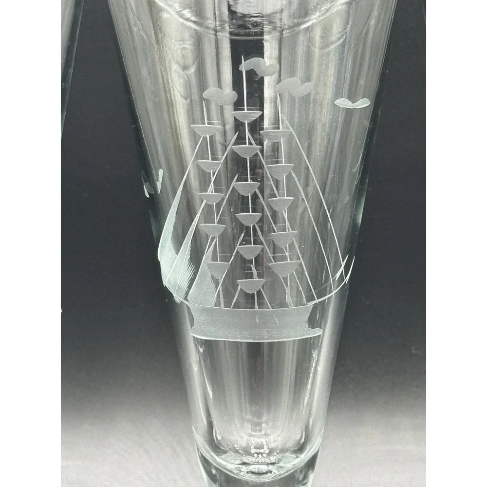 Vintage Etched Clipper Ship & Birds Pilsner Glasses Footed Beer Goblets Set 4